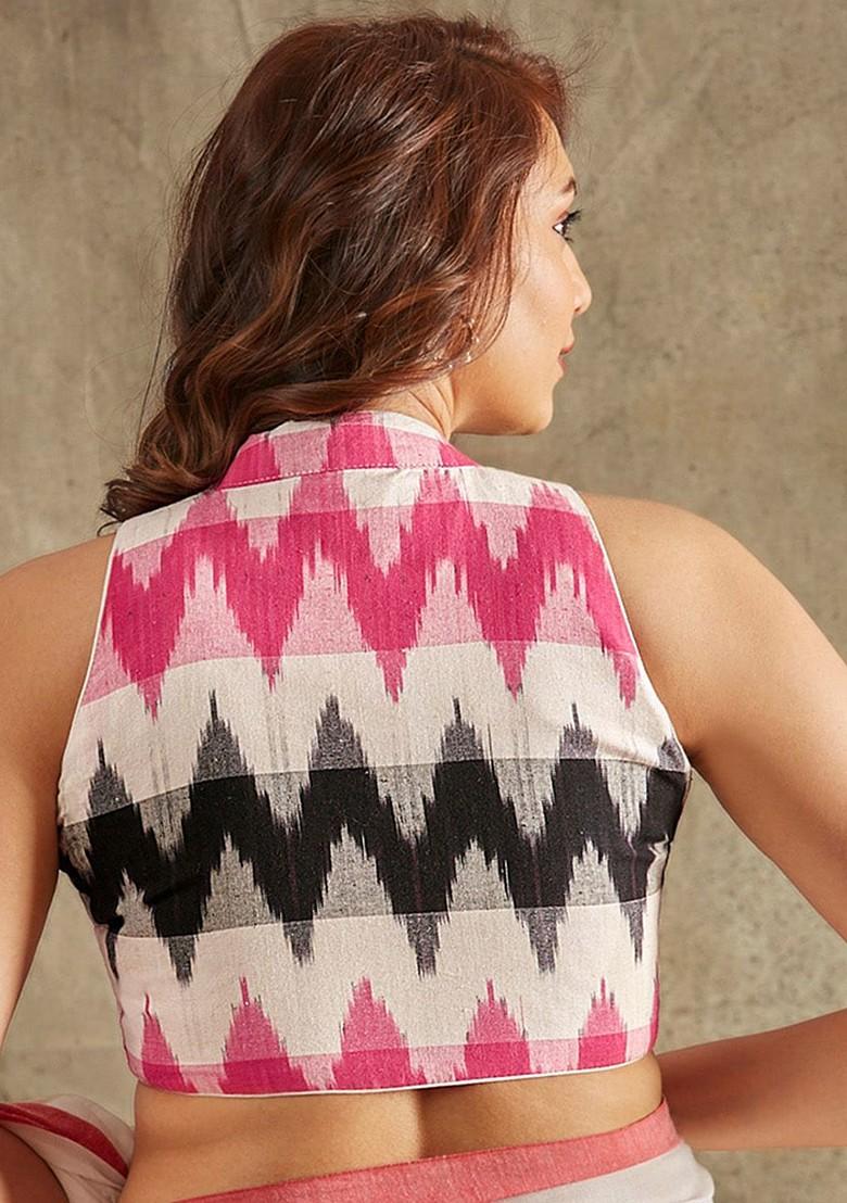 Ikat Printed Band Collar Cotton Saree Blouse