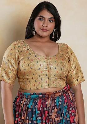 Round Toe Woven Design Brocade Saree Blouse With Tie Ups