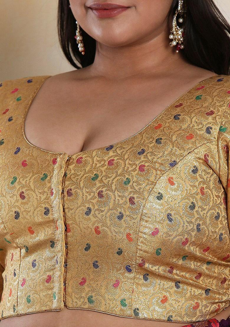 Round Toe Woven Design Brocade Saree Blouse With Tie Ups