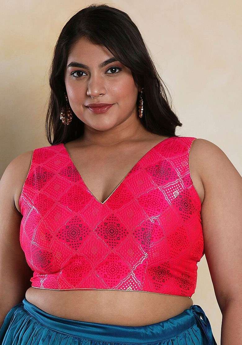 V Neck Woven Designed Brocade Readymade Saree Blouse With Tie Ups - Indya
