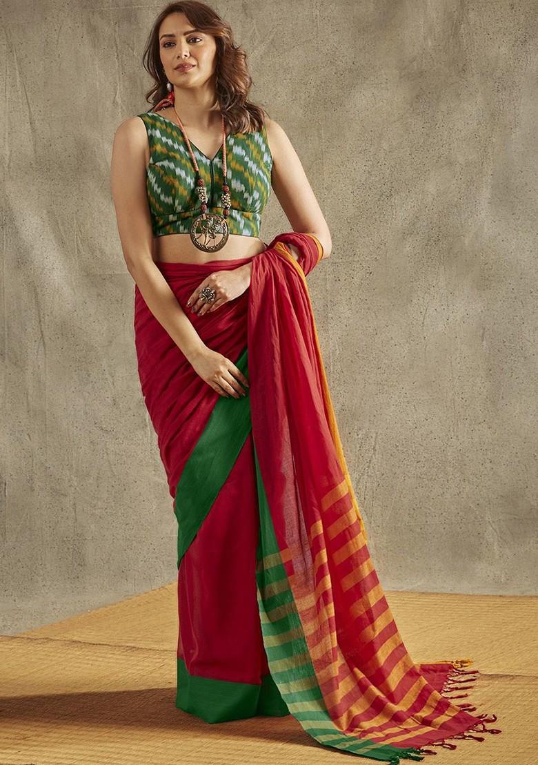 Ikat Print V Neck Sleeveless Readymade Saree Blouse