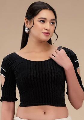 Self Design Velvet Readymade Non Padded Saree Blouse