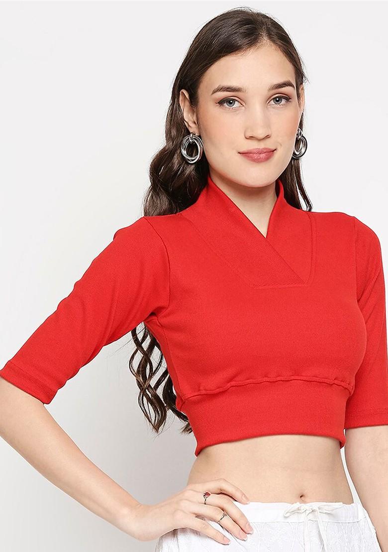 Red Solid Stretchable Readymade Saree Blouse