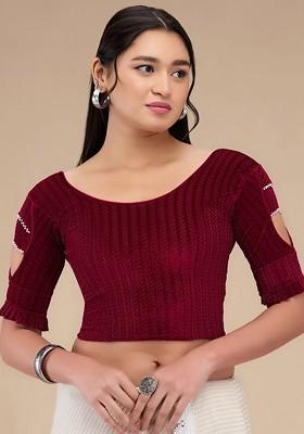 Self Design Velvet Readymade Non Padded Saree Blouse