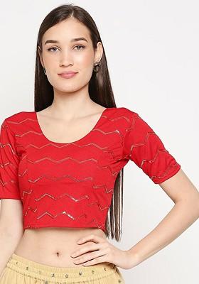 Red And Gold Coloured Embroidered Stretchable Readymade Saree Blouse