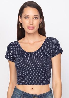 Women Navy Blue And White Printed Non Padded Readymade Saree Blouse