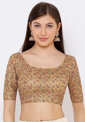 Women Gold Coloured Embroidered Readymade Saree Blouse