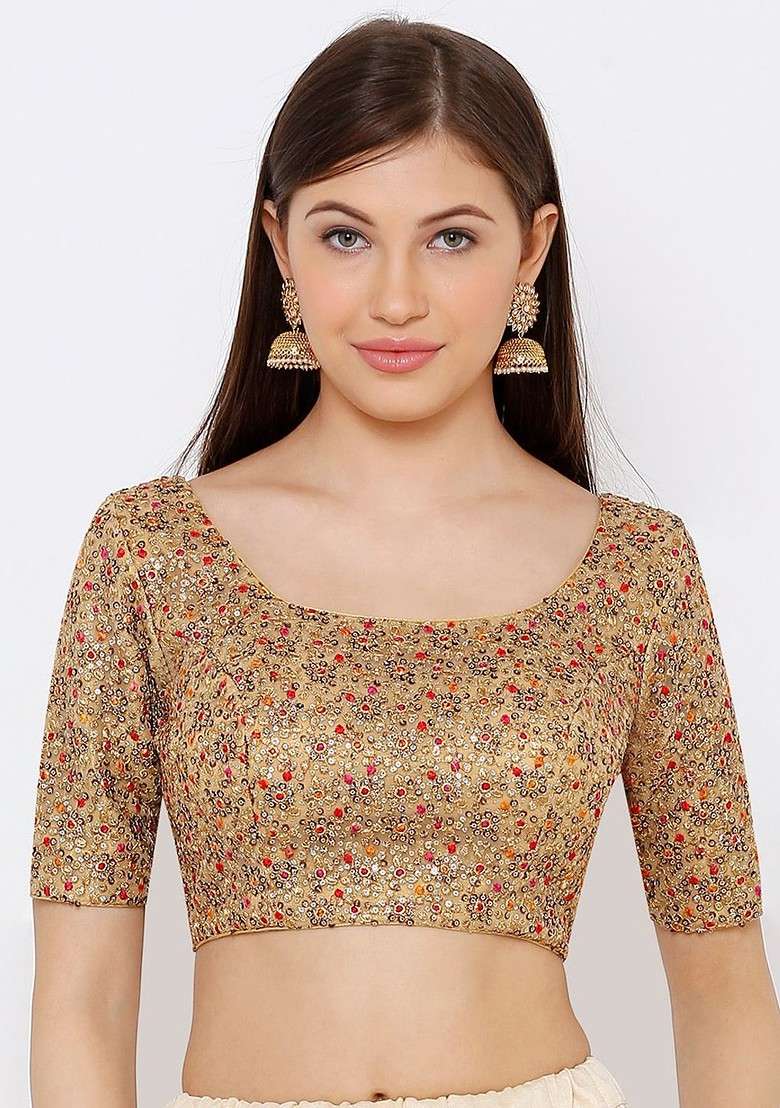 Women Gold Coloured Embroidered Readymade Saree Blouse - Indya