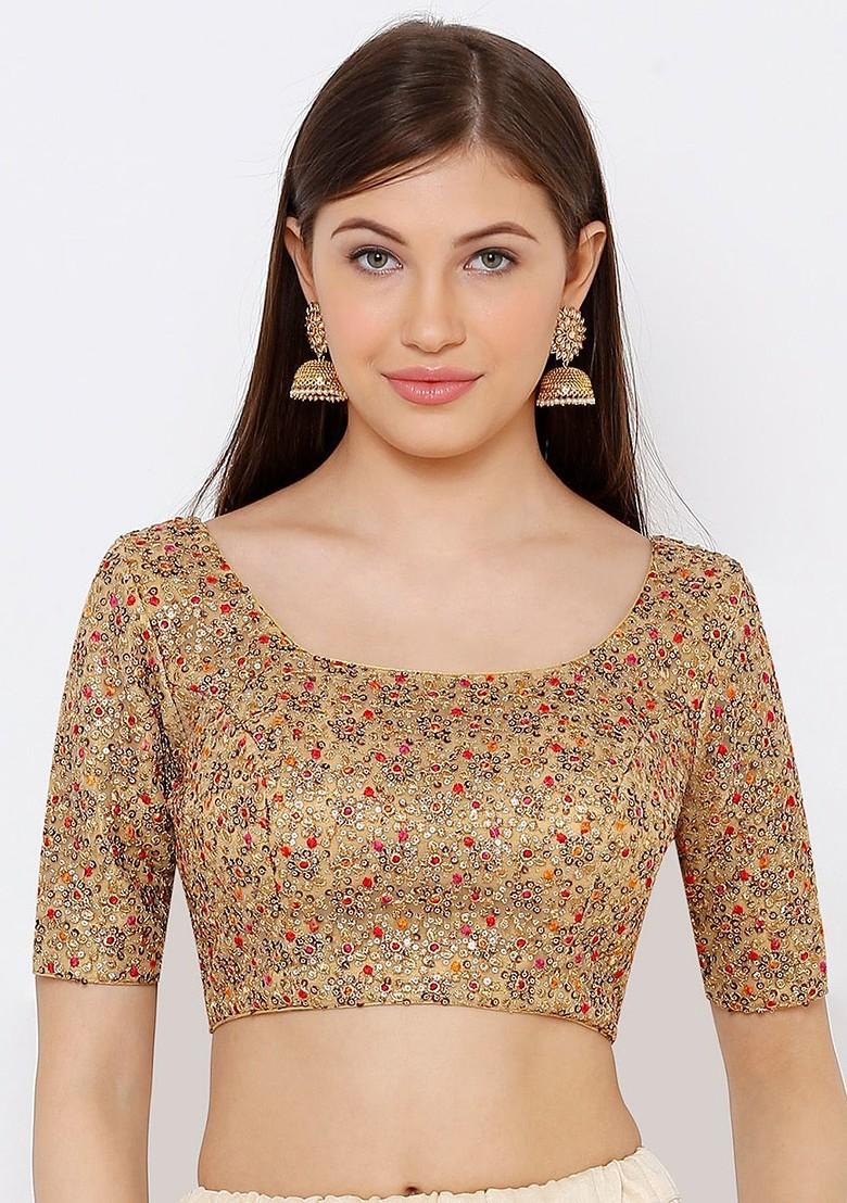 Women Gold Coloured Embroidered Readymade Saree Blouse