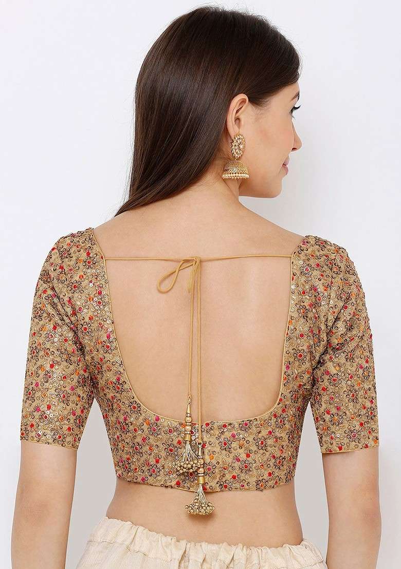 Women Gold Coloured Embroidered Readymade Saree Blouse - Indya