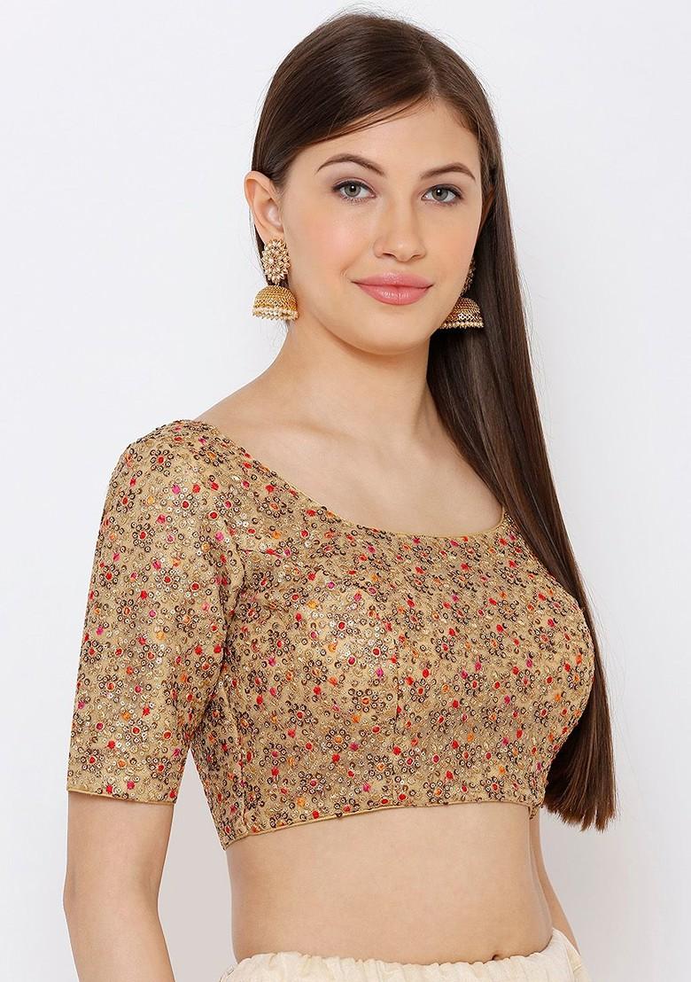 Women Gold Coloured Embroidered Readymade Saree Blouse