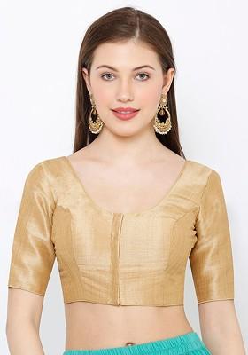 Women Gold Solid Readymade Silk Saree Blouse