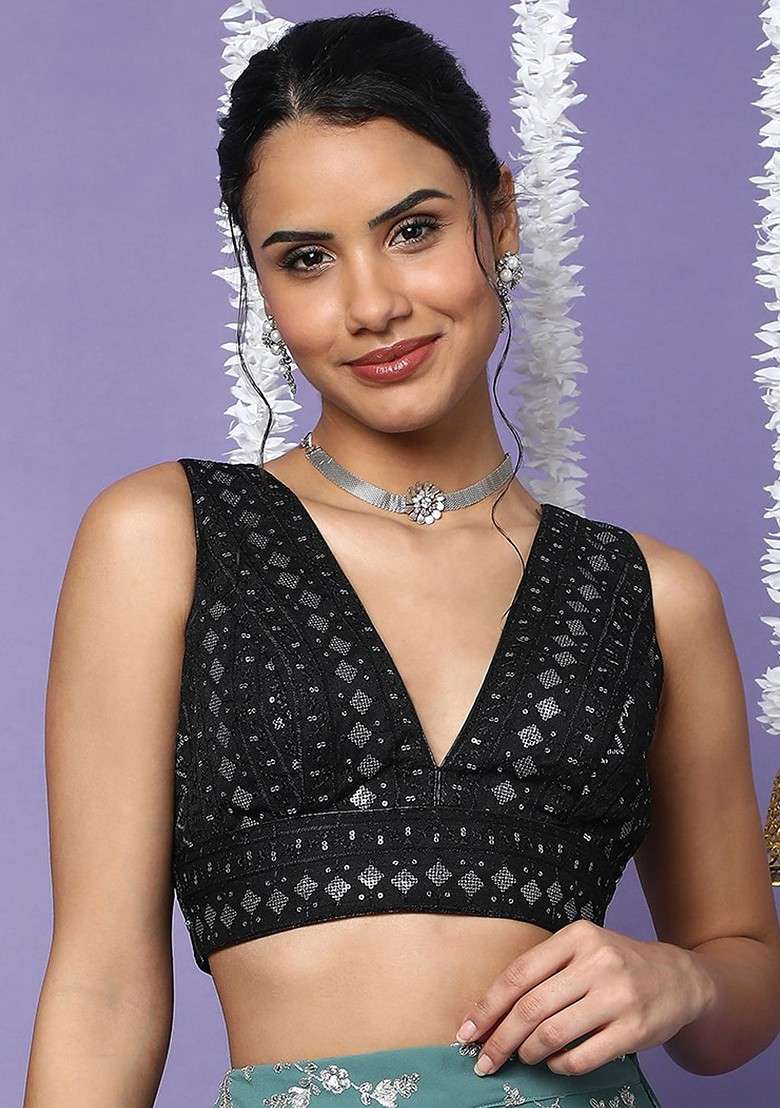 V Neck Embellished Sleeveless Readymade Saree Blouse - Indya