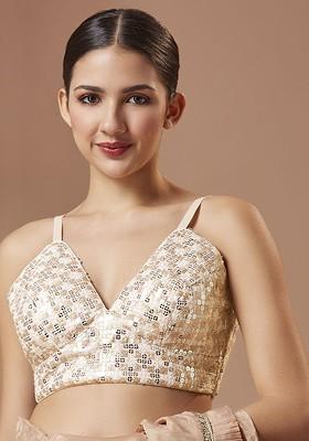 Women Padded Embroidered V Neck Sleeveless Saree Blouse