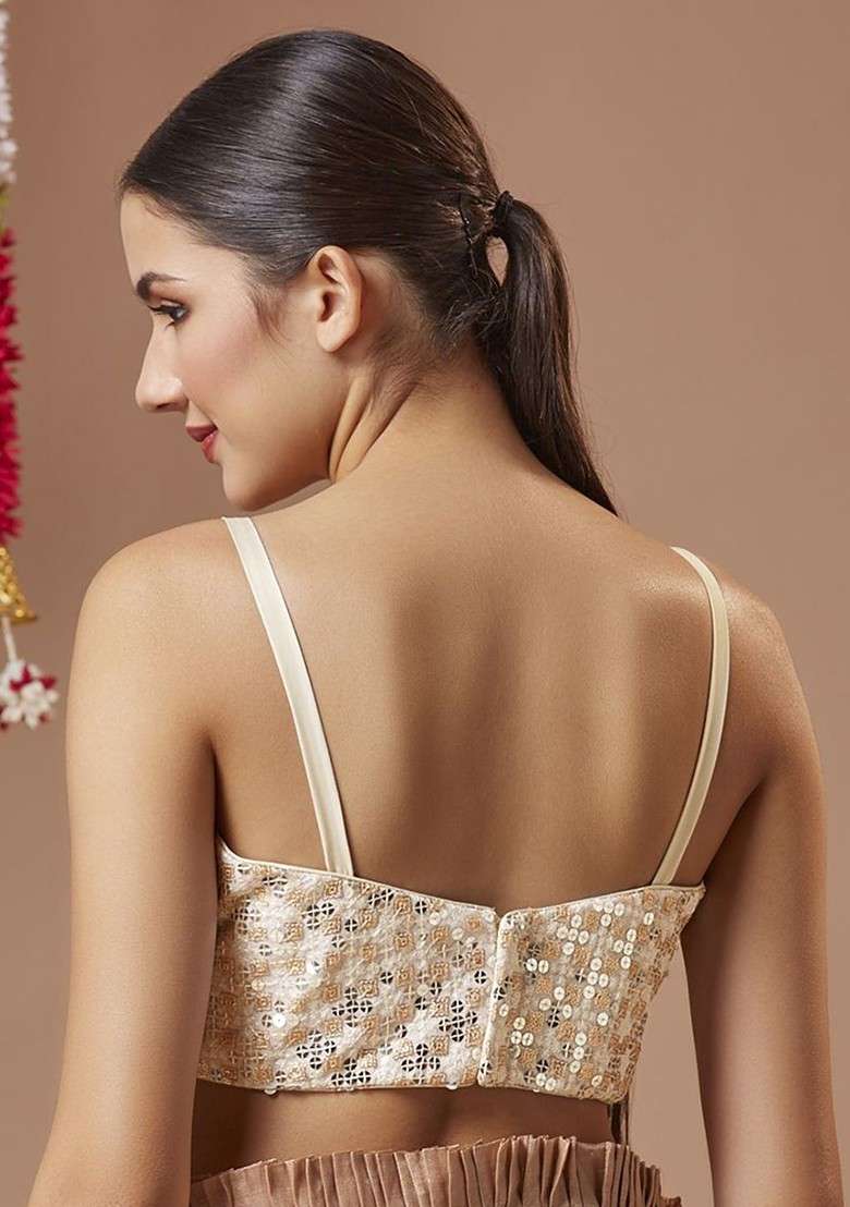 Women Padded Embroidered V Neck Sleeveless Saree Blouse - Indya
