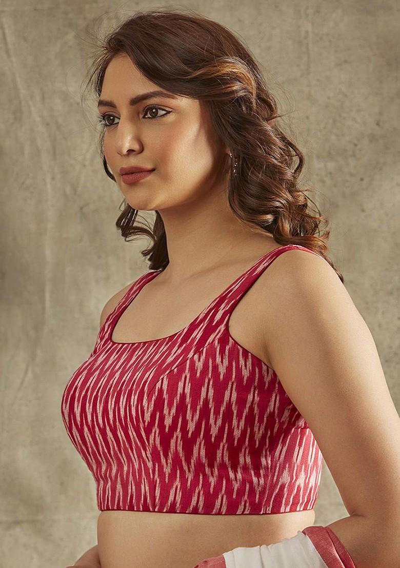 Ikat Print Square Neck Sleeveless Readymade Saree Blouse