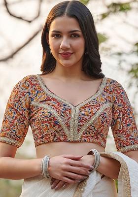 Kalamkari Printed Pure Cotton Sweetheart Neck Saree Blouse