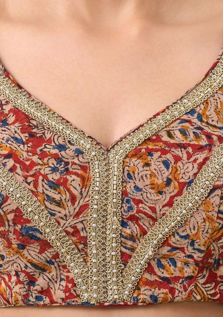 Kalamkari Printed Pure Cotton Sweetheart Neck Saree Blouse