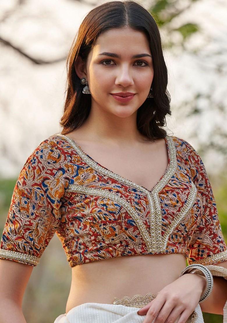 Kalamkari Printed Pure Cotton Sweetheart Neck Saree Blouse