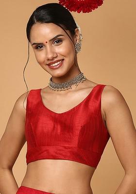 Red Silk Sleeveless Readymade Blouse With Sweetheart Neck