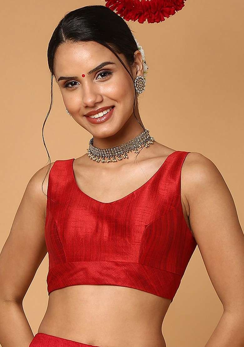 Red Silk Sleeveless Readymade Blouse With Sweetheart Neck - Indya