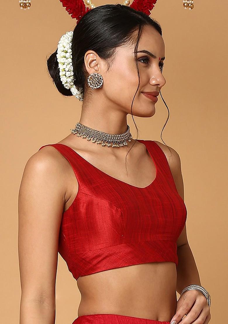 Red Silk Sleeveless Readymade Blouse With Sweetheart Neck