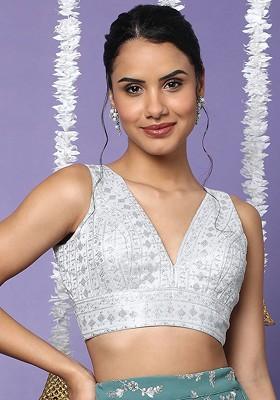 Silver V Neck Embellished Sleeveless Readymade Saree Blouse