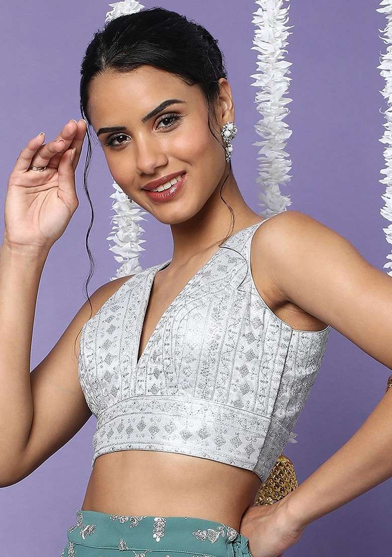 Silver V Neck Embellished Sleeveless Readymade Saree Blouse - Indya