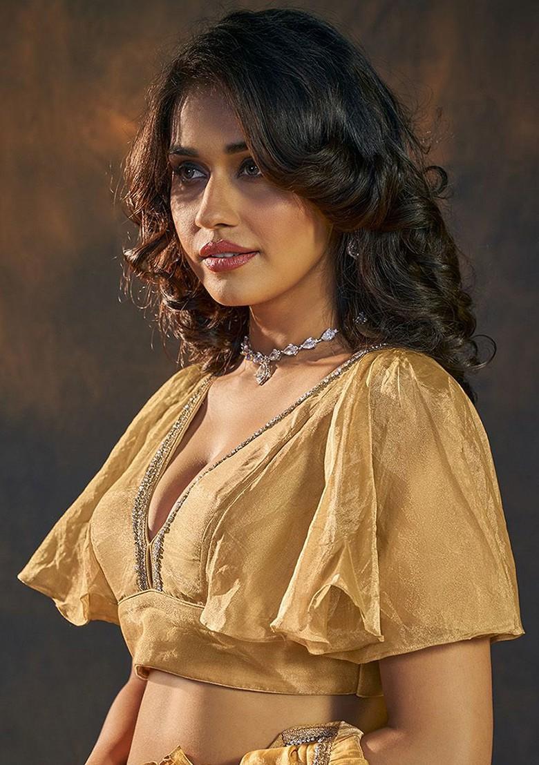 Beads And Stones Embellished V Neck Flared Sleeves Padded Saree Blouse