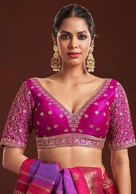 Embroidered V Neck Raw Silk Saree Blouse