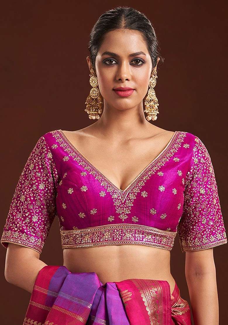 Embroidered V Neck Raw Silk Saree Blouse - Indya