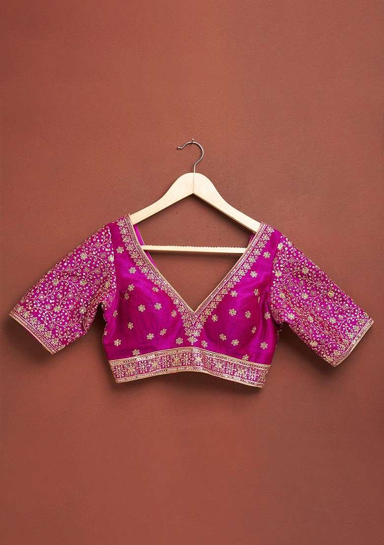 Embroidered V Neck Raw Silk Saree Blouse - Indya
