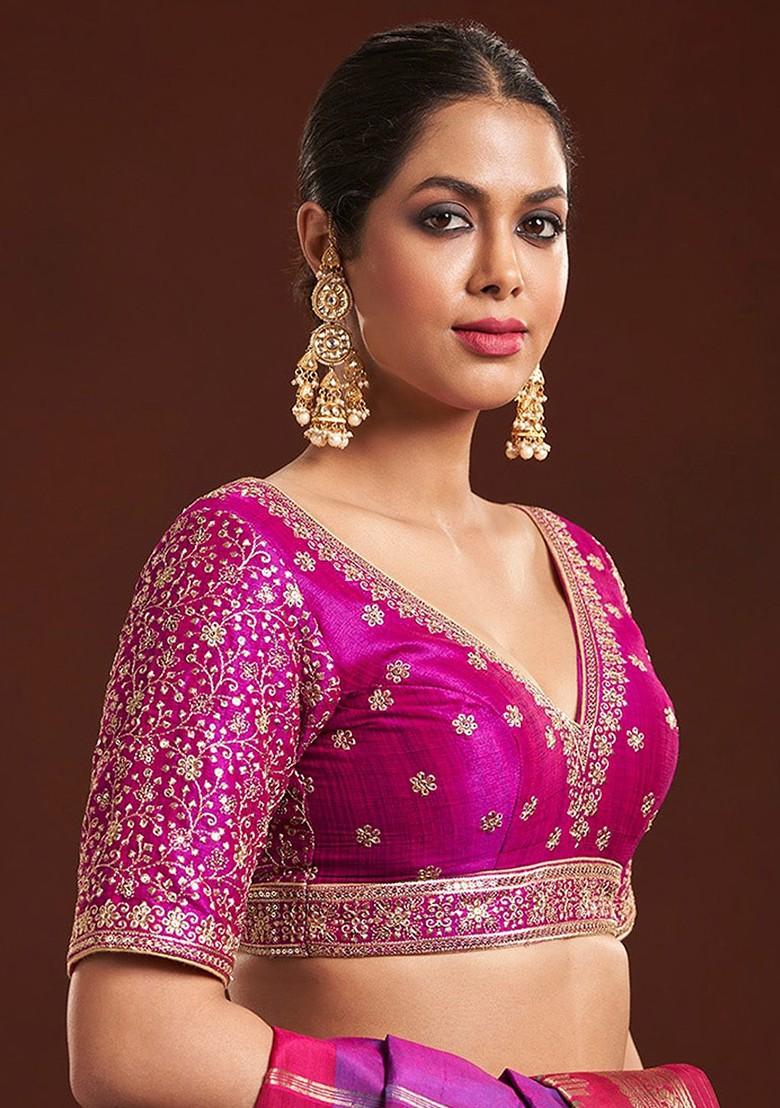 Embroidered V Neck Raw Silk Saree Blouse