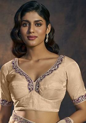 Embroidered V Neck Padded Tissue Readymade Saree Blouse