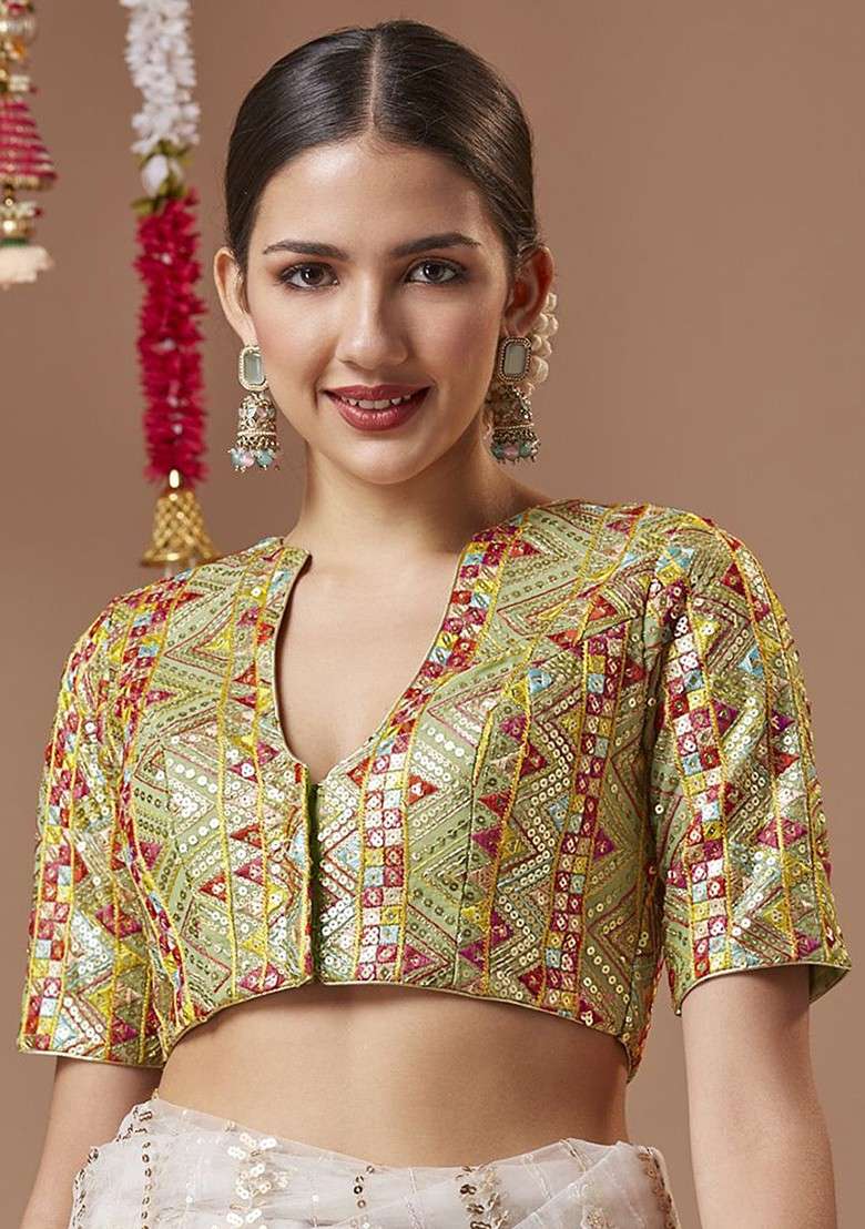 Georgette V Neck Padded Readymade Blouse With Elbow Length Sleeves - Indya