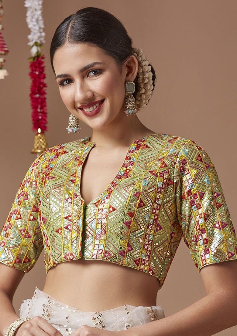 Georgette V Neck Padded Readymade Blouse With Elbow Length Sleeves