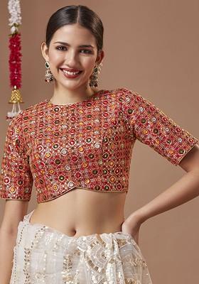 Georgette Round Neck Padded Readymade Blouse With Elbow Length Sleeves