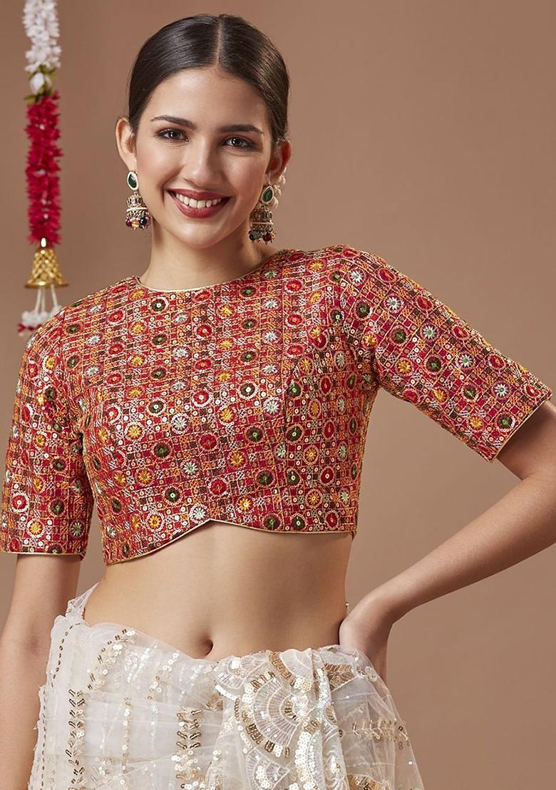 Georgette Round Neck Padded Readymade Blouse With Elbow Length Sleeves