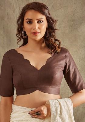 Scallop V Neck Linen Saree Blouse