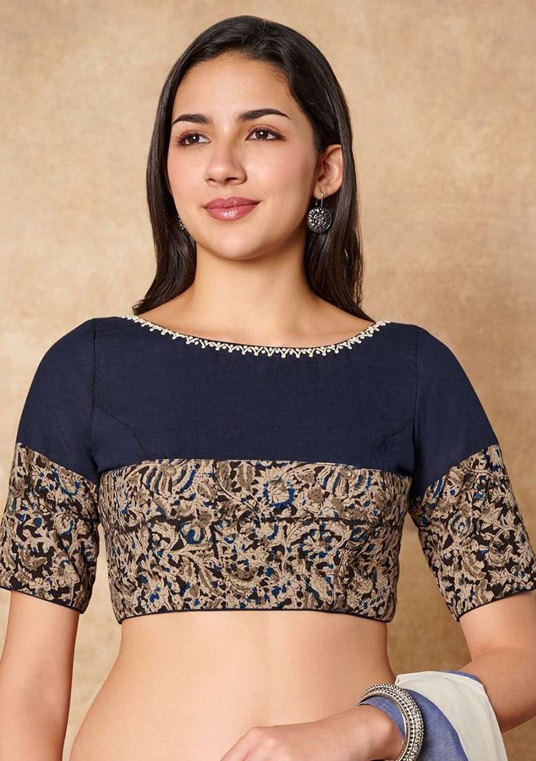 Kalamkari Printed Pure Cotton Round Neck Saree Blouse - Indya