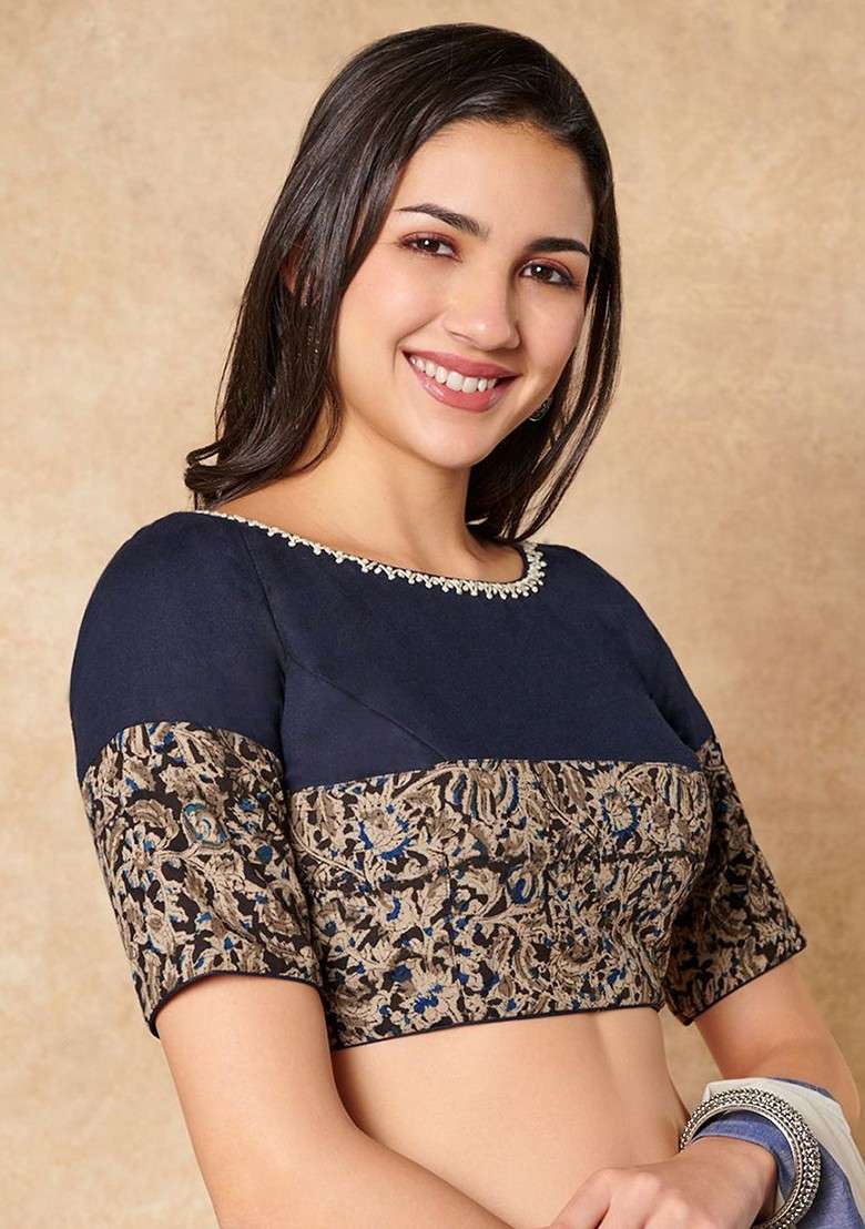 Kalamkari Printed Pure Cotton Round Neck Saree Blouse - Indya