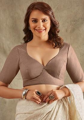 Sweetheart Neck Short Sleeves Linen Saree Blouse