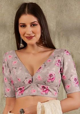 V Neck Floral Printed Cotton Saree Blouse