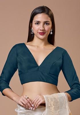 Women V Neck Padded Three Fourth Sleeves Saree Blouse