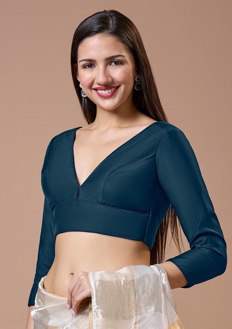 Women V Neck Padded Three Fourth Sleeves Saree Blouse