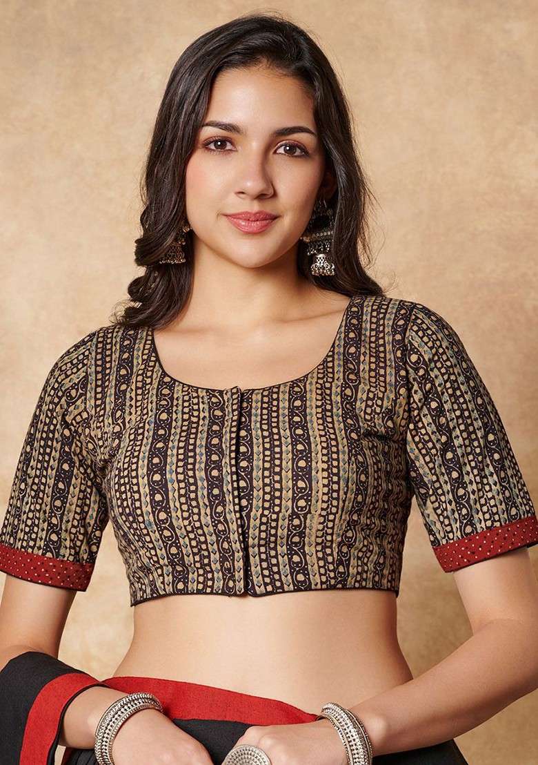 Beige Black Ajrakh Hand Block Printed Cotton Round Neck Readymade Blouse - Indya