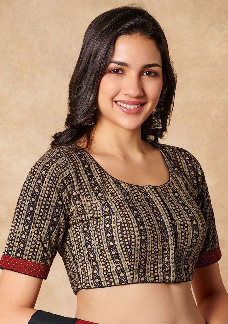 Beige Black Ajrakh Hand Block Printed Cotton Round Neck Readymade Blouse - Indya