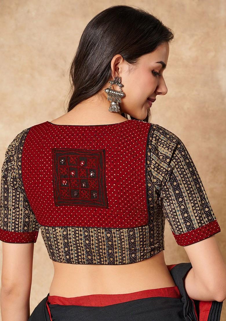 Beige Black Ajrakh Hand Block Printed Cotton Round Neck Readymade Blouse