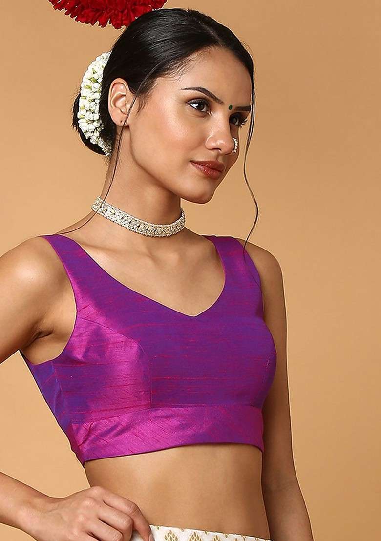 Women Purple Solid Readymade Saree Blouse - Indya