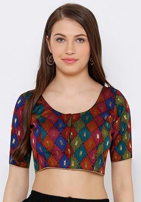 Women Maroon And Blue Printed Readymade Saree Blouse